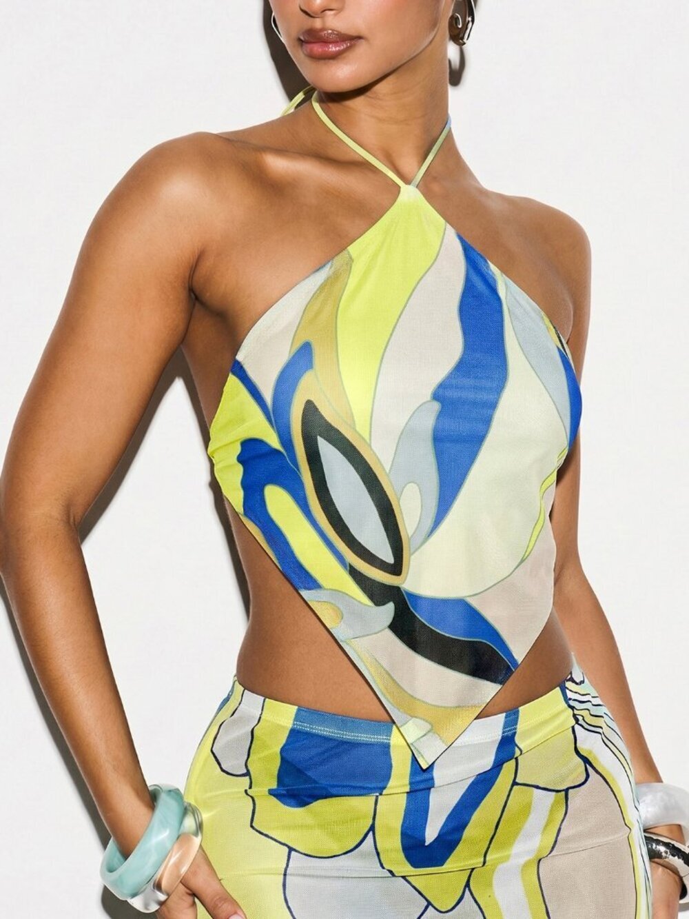 Baby Blue Printed Mesh Halter Neck Women's Crop Top Cover Up with Swirl Pattern